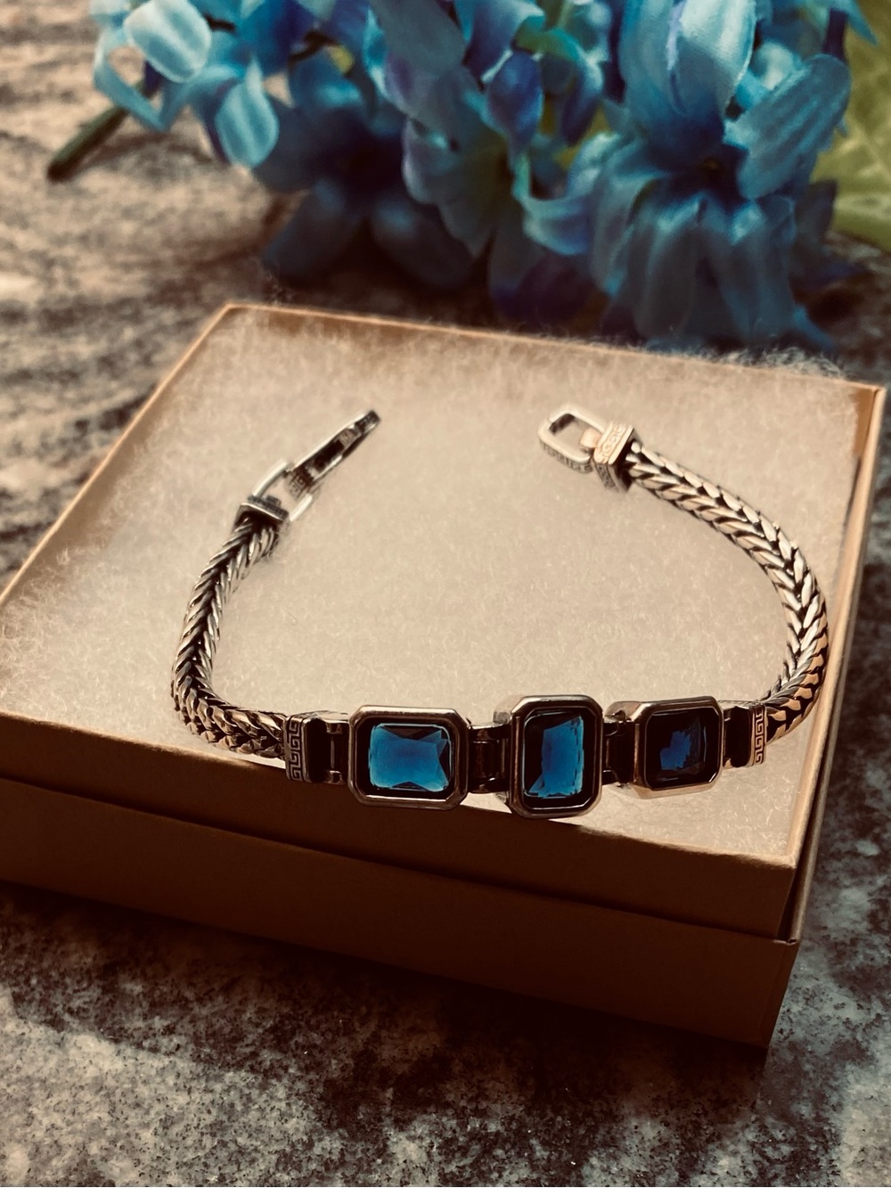 Silver Bracelet with Blue Square Stones marked 925.